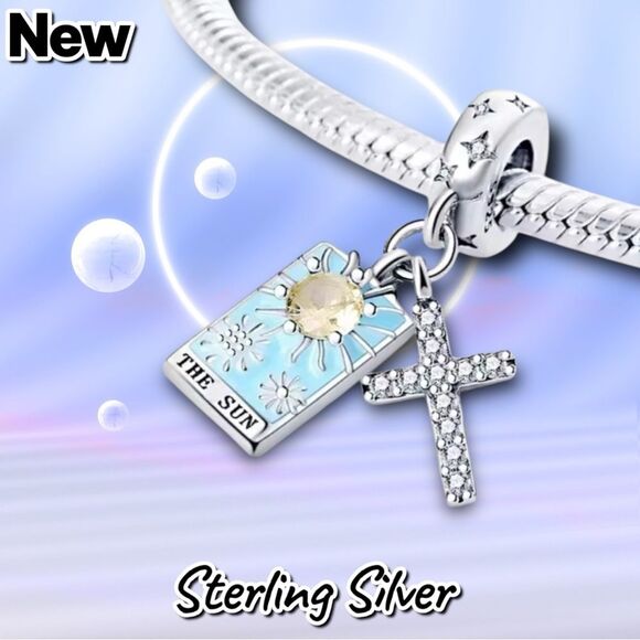 NEW 925 Sterling Silver “The Sun” Tarot Card Charm – Light Blue with Crystal Cro - Picture 2 of 3